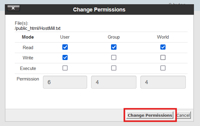 File Manager Changing Permissions Step 2