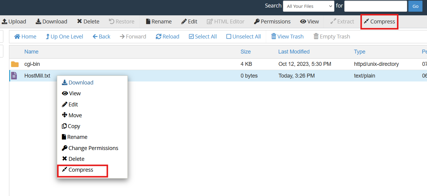 File Manager Compressing Files Step 1