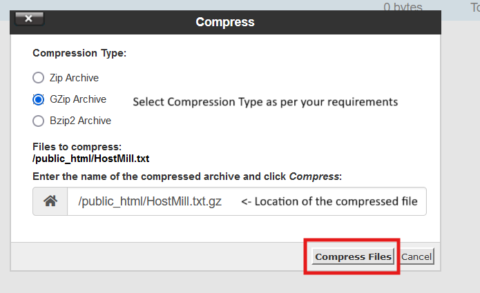 File Manager Compressing Files Step 2