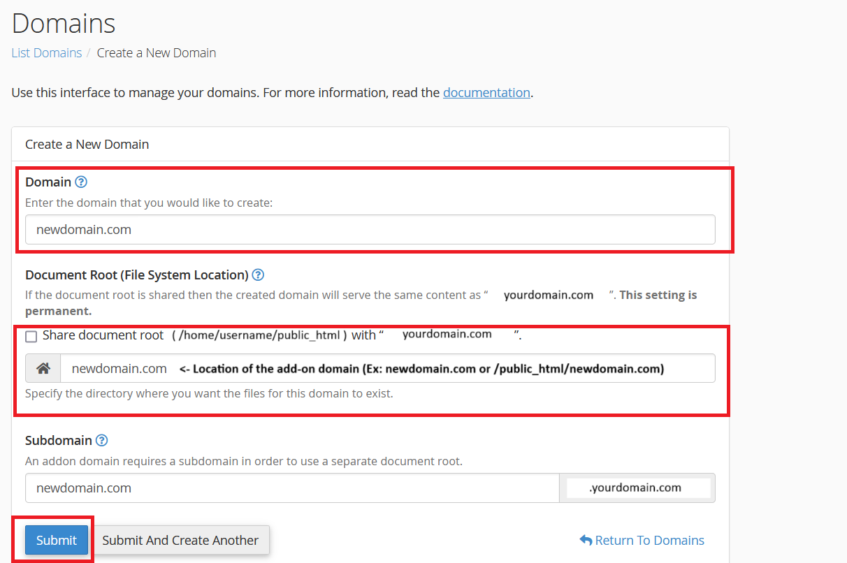 Creating Add-on Domains in cPanel Step 3